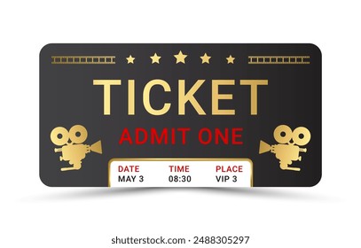 Cinema ticket admit one golden with gold text isolated on white background