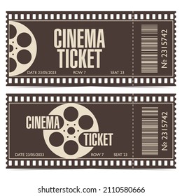 Cinema ticket with barcode in the form of film strip. Editable movie session entrance coupon template with film reel in brown and beige colours. Vector illustration in flat style.