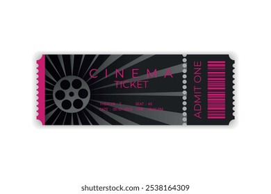 Cinema ticket with barcode in realistic style. Design with film reel. Front view. Cinema ticket template. Vector illustration