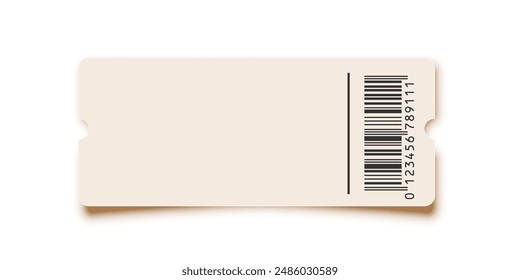 Cinema ticket with barcode. Theater coupon realistic vector template. Discount voucher mockup. Train, movie, raffle, carnival blank ticket with text space. Concert, event, festival admit layout.