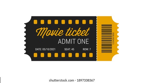 Cinema Ticket With Barcode Vector Icon. Movie Ticket Template. Realistic Cinema Theater Admission Pass Mock Up Coupon. Vintage Retro Old Ticket Black And Yellow.