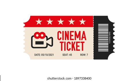 Cinema ticket with barcode vector icon. Movie ticket template. Realistic cinema theater admission pass mock up coupon. Vintage retro old ticket red and black.