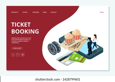 Cinema ticket booking web page template. Vector isometric cinema landing page. Illustration of booking ticket to cinema, cinematography film