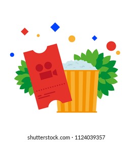 Cinema ticket and bucket of popcorn. Vector illustration. Separate objects. Isolate.