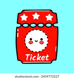 Cinema ticket character. Vector hand drawn cartoon kawaii character illustration icon. Isolated on blue background. Happy Cinema ticket character concept