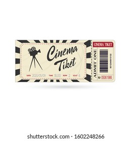 Cinema ticket close up isolated on white background. Retro movie entrance ticket. Realistic admission pass mockup or performance coupon. Template ticket for Cinema, Theatre, Concert, Party, Festival.