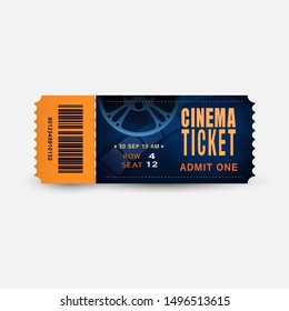 Cinema ticket close up top view isolated on white background. Realistic admission pass mockup or performance coupon. Template Ticket for Theatre, Movie, Festival, Concert.Design 3d vector illustration