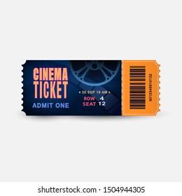 Cinema ticket close up top view isolated on white background. Realistic admission pass mockup or performance coupon. Template Ticket for Theatre, Movie, Festival, Concert.Design 3d vector illustration