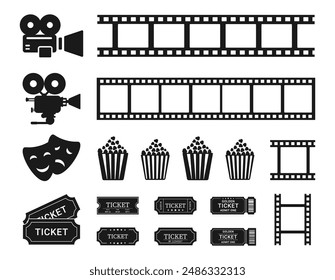 Cinema ticket coupon, masks, camera film strip frame, popcorn icon set. Vector illustration on a white background. EPS 10