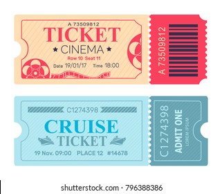 Cinema ticket cruise coupon set of vector illustrations pass admissions to entertainment and travelling event with control check code in blue colors