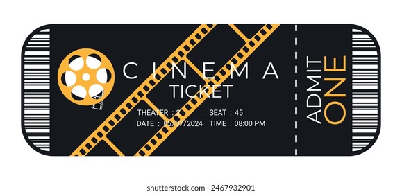 Cinema ticket design with film reel. Front view. Cinema ticket template. Vector illustration