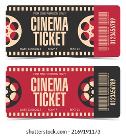 Cinema ticket design mockup with cinematographic film strip and film reel, rounded corners and barcode. Movie ticket template with indicated date, row and seat. Flat vector illustration.