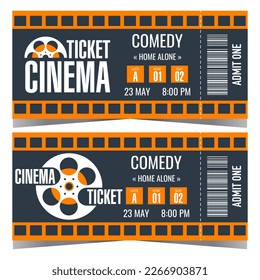 Cinema ticket design template with cinematographic film and film reel on background. Vector ticket or talon to the movie session access with date and time, detachable part with barcode.