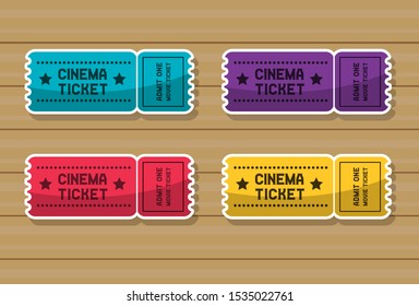 Cinema ticket design vector template. Isolated ticket with admit one word. Tickets In Different Styles Template Set. Ticket icon vector illustration in the flat style.