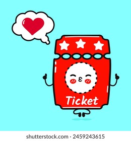 Cinema ticket doing yoga with speech bubble. Vector hand drawn cartoon kawaii character illustration icon. Isolated on blue background. Cinema ticket in love character concept