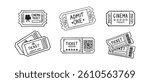  cinema ticket doodle hand drawn icon set. Outline drawing cinema ticket line clipart symbol collection. Vector illustration