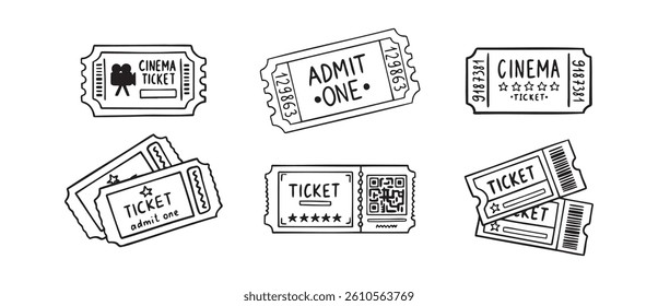  cinema ticket doodle hand drawn icon set. Outline drawing cinema ticket line clipart symbol collection. Vector illustration