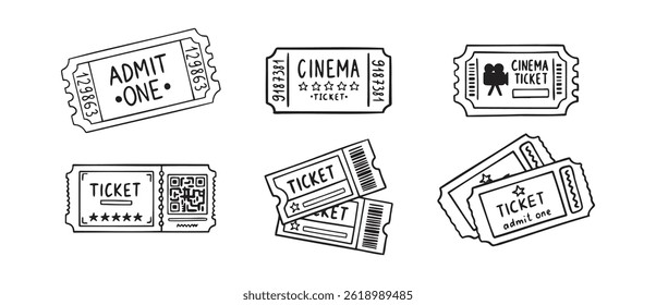  cinema ticket doodle hand drawn icon set. Outline drawing cinema ticket line clipart symbol collection. Vector illustration