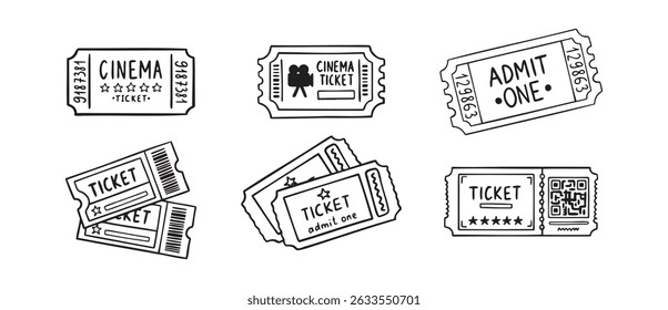  cinema ticket doodle hand drawn icon set. Outline drawing cinema ticket line clipart symbol collection. Vector illustration
