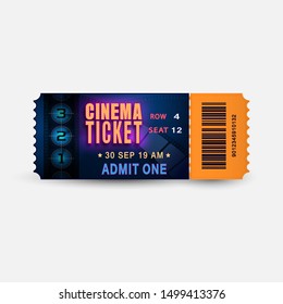 Cinema ticket with film reel and number countdown. Ultraviolet glowing ticket for festival, cinema, theatre, event. Realistic template admission pass or coupon.Bright entertainment vector illustration