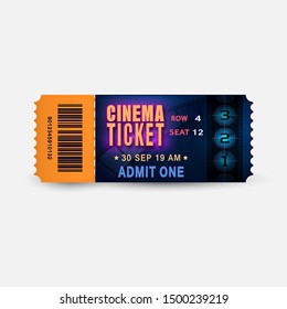 Cinema ticket with film reel and number countdown. Ultraviolet glowing ticket for festival, cinema, theatre, event. Realistic template admission pass or coupon.Bright entertainment vector illustration