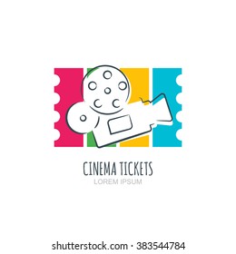 Cinema ticket flat illustration. Vector logo, icon, label design elements. Camcorder silhouette and colorful striped ticket on background. Retro movie projector hand drawn sketch.

