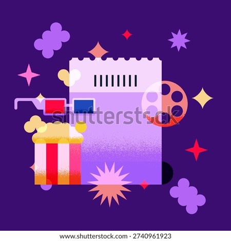 Cinema ticket frame surrounded with popcorn, film tape, 3d glasses. Vector flat geometric illustration Design elements for movie night poster, film festival ad, entertainment cinema banner