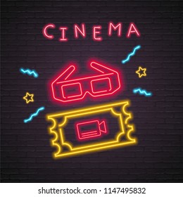 Cinema Ticket and Cinema Glasses Icons Elements Set Neon Light Glowing Vector Illustration 