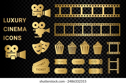 Cinema ticket and gold coupon, masks, camera film strip frame, popcorn golden icon set. Vector illustration isolated on background