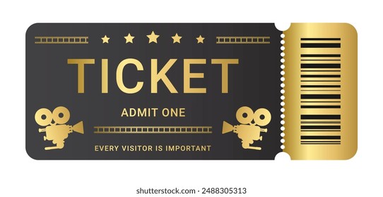 Cinema ticket or gold coupon pass. Vector illustration isolated on white background