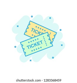 Cinema ticket icon in comic style. Admit one coupon entrance vector cartoon illustration pictogram. Ticket business concept splash effect.