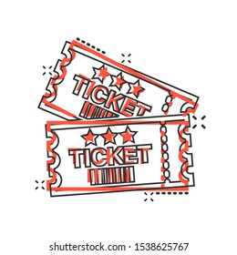 Cinema ticket icon in comic style. Admit one coupon entrance vector cartoon illustration pictogram splash effect.