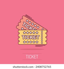 Cinema ticket icon in comic style. Admit one coupon entrance vector cartoon illustration pictogram. Ticket business concept splash effect.