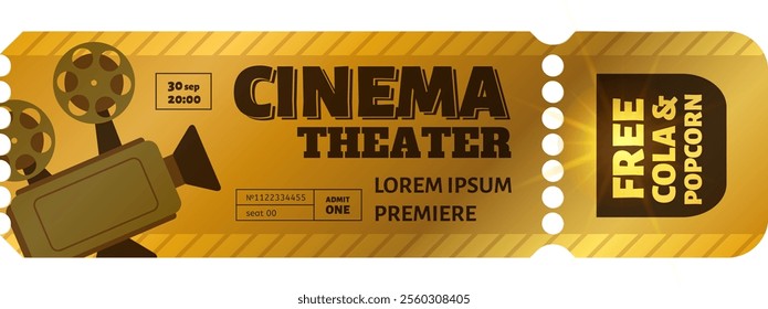 Cinema ticket inviting to a premiere with free cola and popcorn, featuring a vintage movie camera and information about date, time, seat number and offer