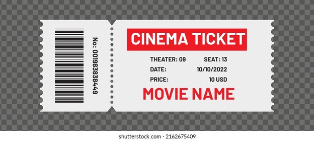 Cinema ticket isolated on transparent background. Template with barcode for movie, concert, theater, festival etc