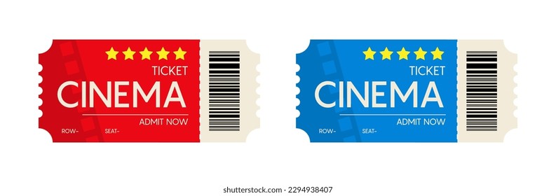 Billete de cine aislado de fondo blanco. Plantilla de entradas de cine o películas realistas. Iconos vectores establecidos.