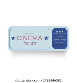 Ticket de cine aislado sobre fondo blanco. Plantilla de entradas de Vector para eventos de cine, festivales de cine, invitaciones, carteles y diseño de entretenimiento.