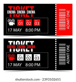 Cinema ticket in modern style to invite to watch the movie, at the film festival or cinematographic event. Invitation coupon, talon or voucher to the cinema suitable for web or ready to print.