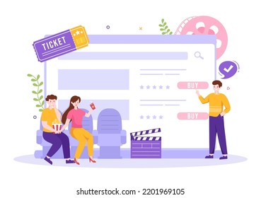 Cinema Ticket Movie for Film Entertainment, Popcorn and Strip Cinematography Template Hand Drawn Cartoon Flat Illustration