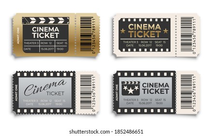 Cinema ticket to movie set. Old retro vintage entry coupons. Film theater industry concept vector illustration. Entertainment and modern performance art. Card archival design.