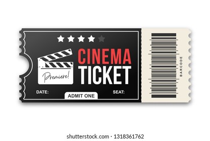 Cinema ticket on white background. Movie ticket template in black and red colors