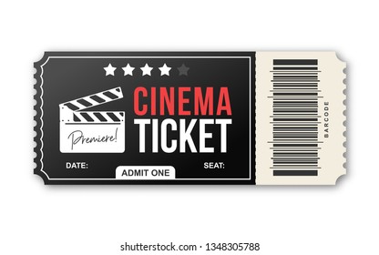 Cinema ticket on white background. Movie ticket template in black and red colors