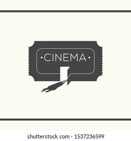 Cinema ticket with an opened door like enter to the cinema with a silhouette of a couple. Creative black and white illustration, logo design template.