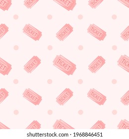 Cinema ticket pattern. Vintage vector seamless pattern with pink background, ticket and dots. Good for fabric and other surface for valentine day.
