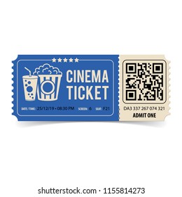Cinema Ticket with QR code, popcorn and soda, flat style icons, isolated vector illustration