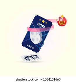 Cinema ticket realistic with mega sale isolated on white background with shadow. Flat vector illustration EPS 10
