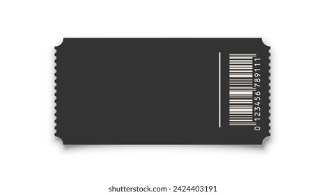 Cinema ticket realistic vector template. Retro black paper coupon for event, discount voucher mockup with barcode and text space on white background. Concert, movie, raffle, carnival blank pass.