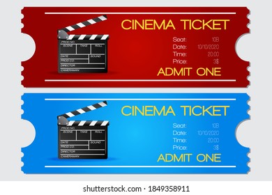Cinema Ticket, Red and blue Ticket. Vector isolated illustration
