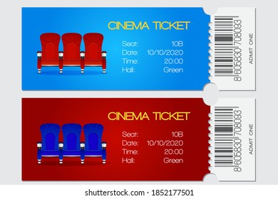 Cinema Ticket, Red and blue Ticket. Vector isolated illustration on grey background
