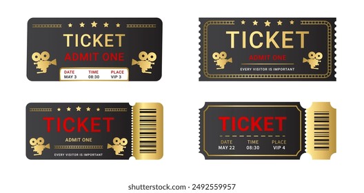 Cinema ticket set in gold or red text and khaki colors with barcode. Vector illustration on a white background. EPS 10